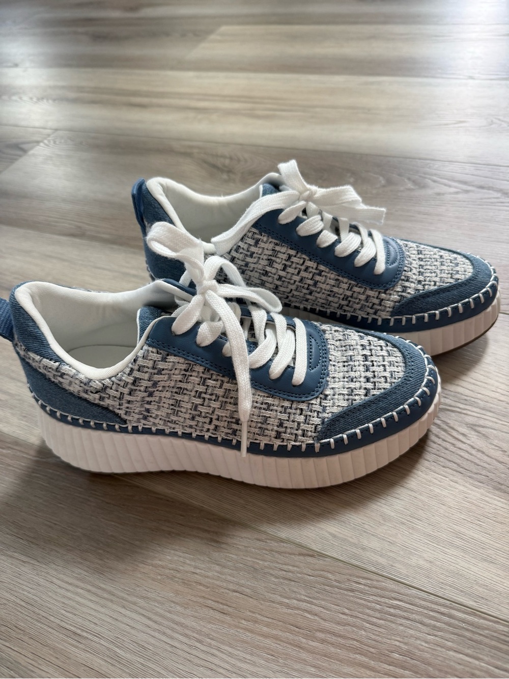 White and Blue Woven Platform Lace-Up Sneakers